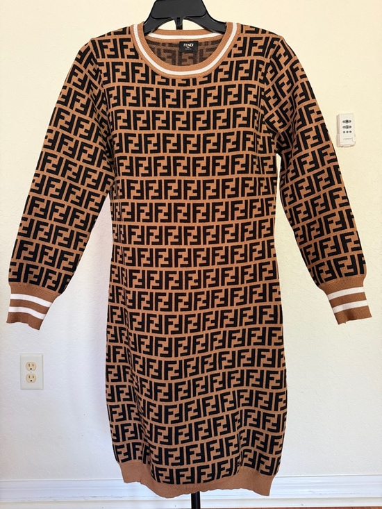 Fendi Dresses & Skirts - Authentic Fendi Brown & Black FF Logo Knit Dress with Striped Trim size small
